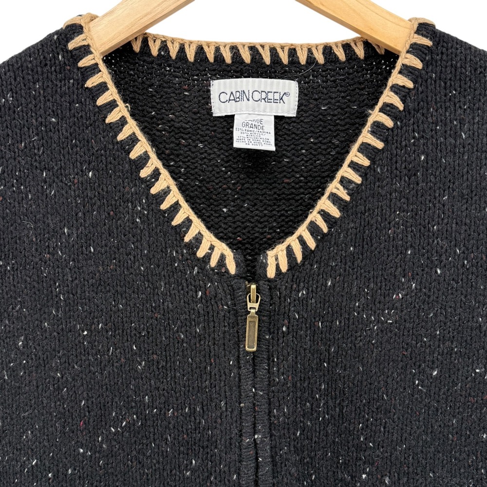 Cabin Creek Vest Womens Large Black Tan Trim Speckled Knit Zip Up Ramie Warm - Picture 3 of 12